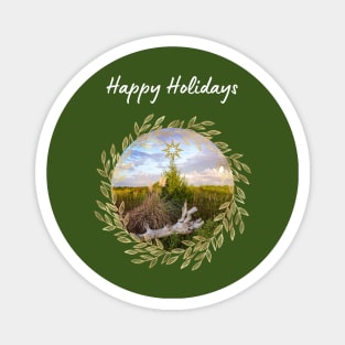 Happy Holidays - Rustic Evergreen and Gold Leaves Magnet